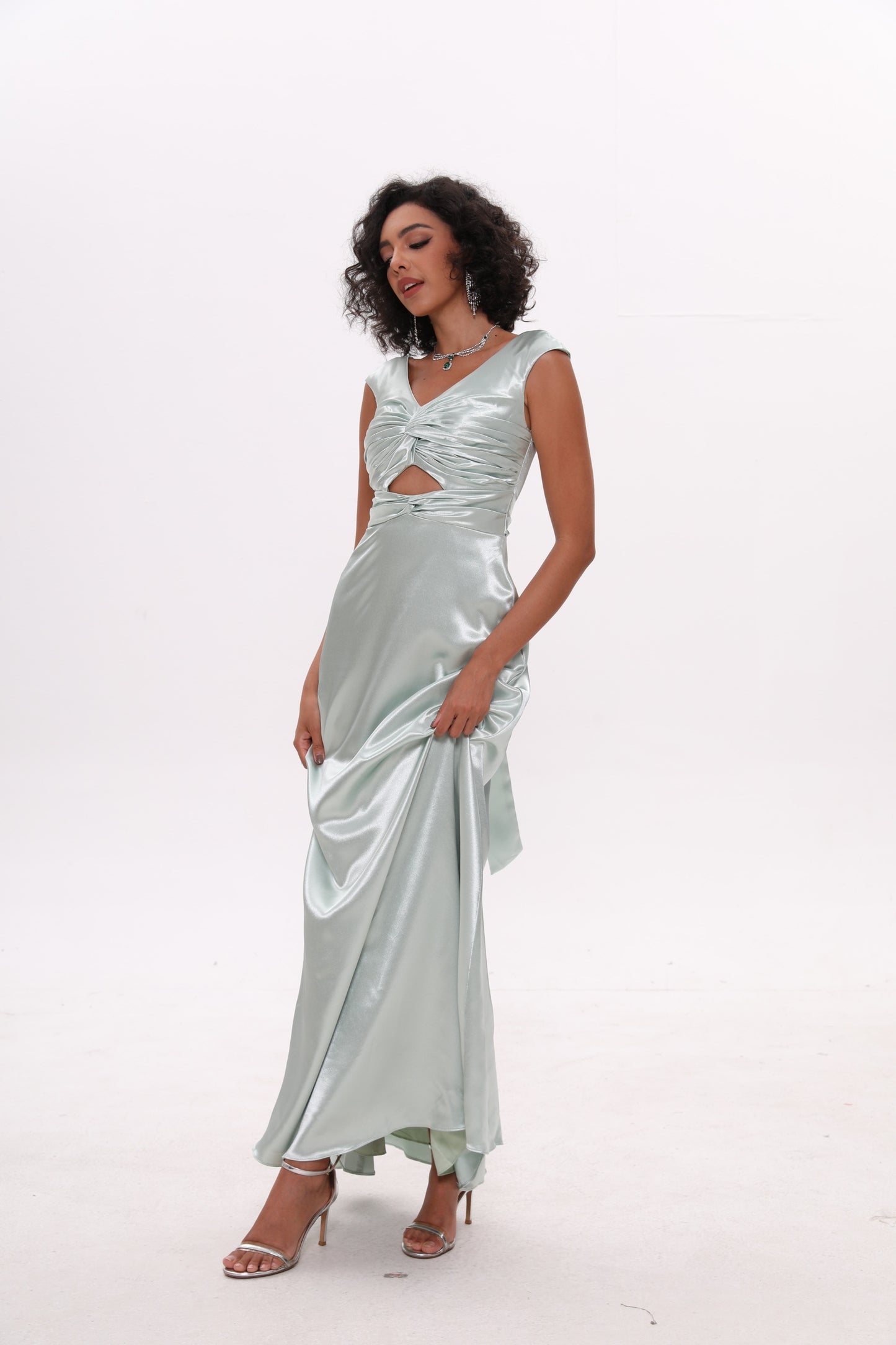 Hollow V Neck Back Bow Lace Satin Bridesmaid Dress Evening Dress