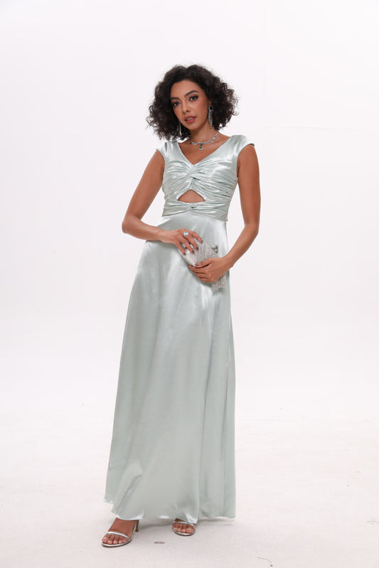 Hollow V Neck Back Bow Lace Satin Bridesmaid Dress Evening Dress