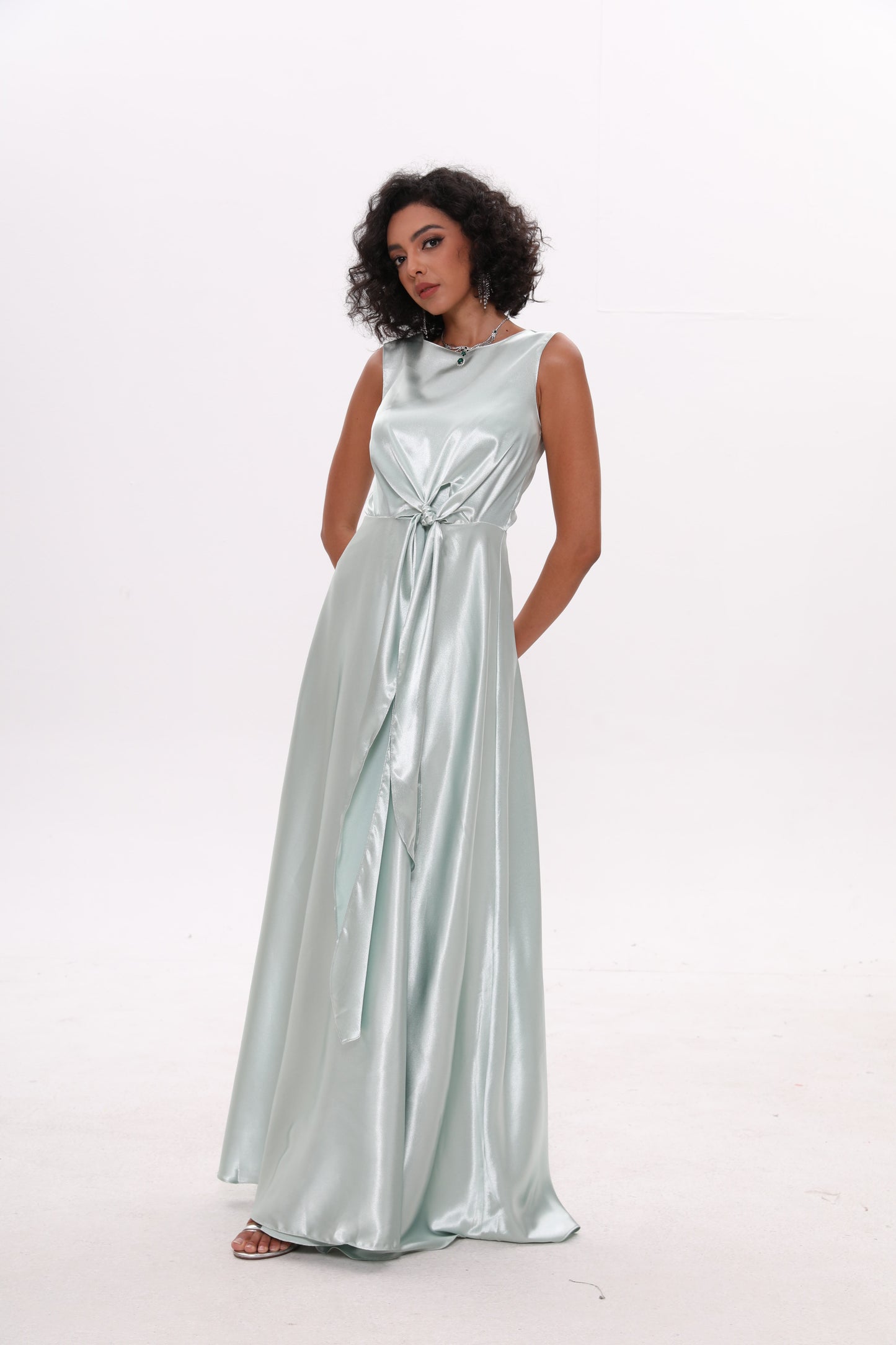 Sleeveless Front Tie Satin Dress Bridesmaid Dress Evening Dress