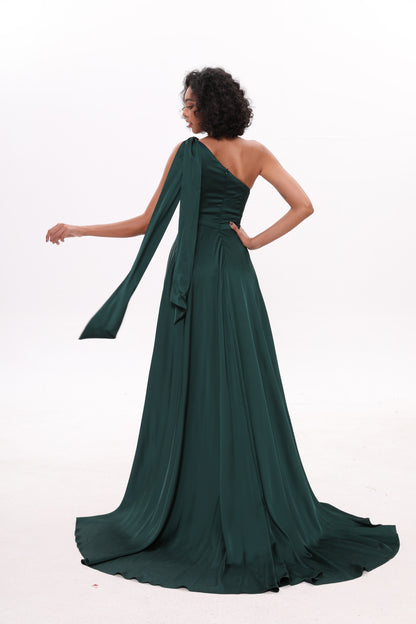 Women's One Shoulder Prom Dresses Long Slit Satin A-line Formal Evening Dresss