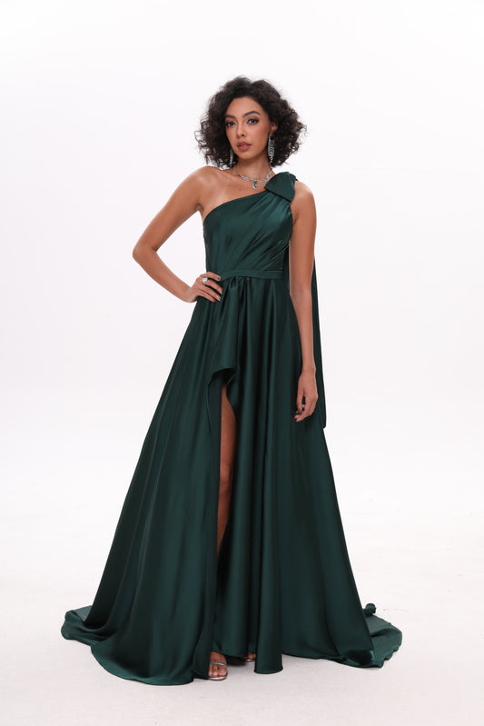 Women's One Shoulder Prom Dresses Long Slit Satin A-line Formal Evening Dresss