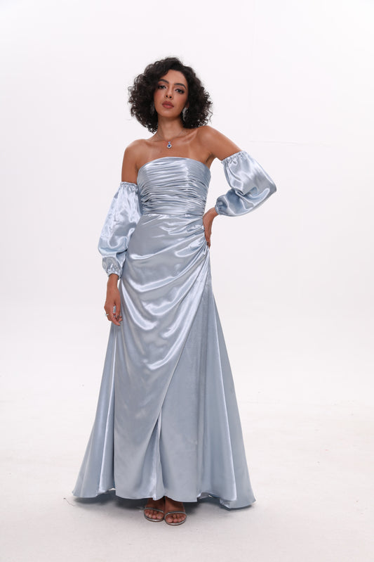 Sky Blue Satin Puff Sleeve Off-The-Shoulder Prom Dress