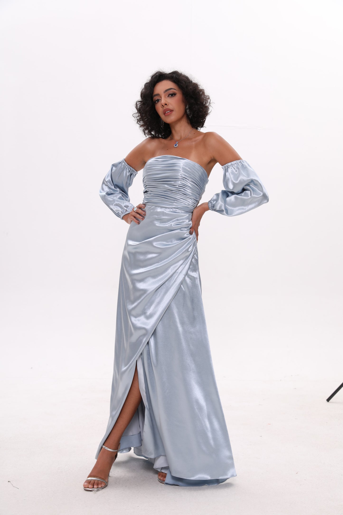 Sky Blue Satin Puff Sleeve Off-The-Shoulder Prom Dress