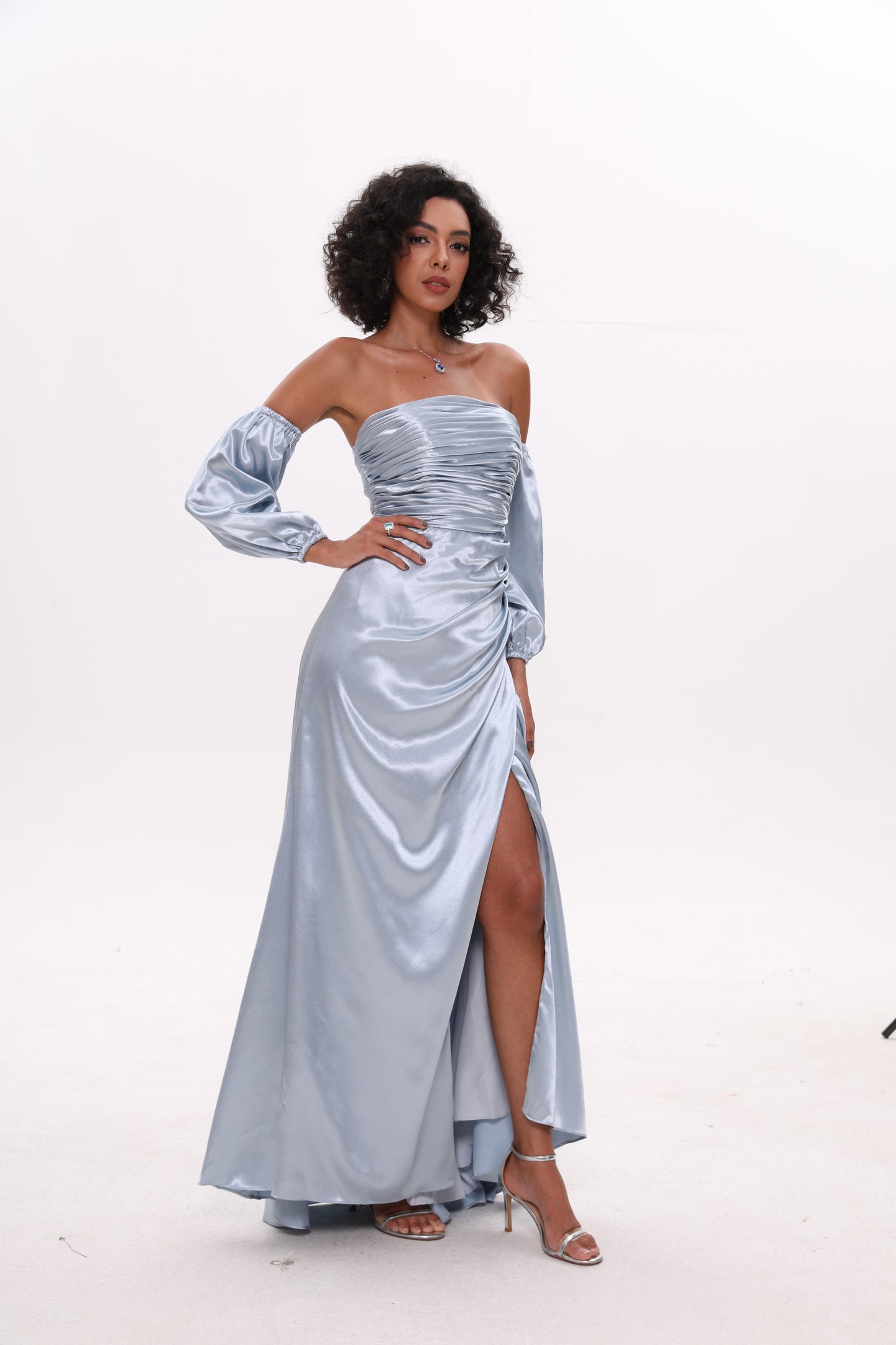 Sky Blue Satin Puff Sleeve Off-The-Shoulder Prom Dress