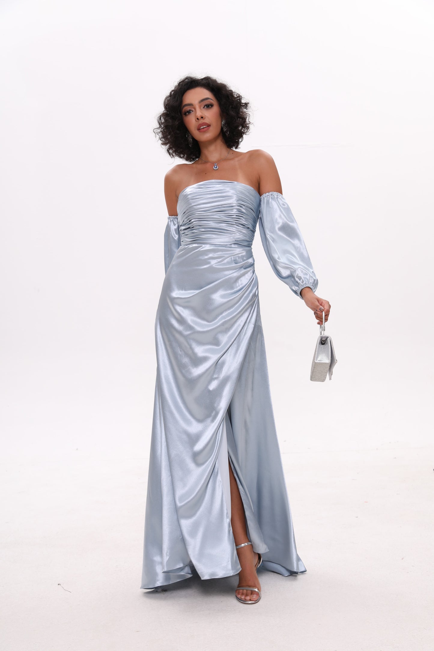 Sky Blue Satin Puff Sleeve Off-The-Shoulder Prom Dress