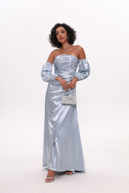 Sky Blue Satin Puff Sleeve Off-The-Shoulder Prom Dress