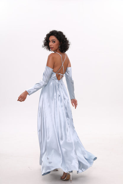 Sky-blue waist-cinched off-shoulder strap satin dress