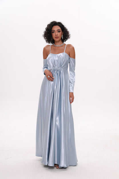 Sky-blue waist-cinched off-shoulder strap satin dress