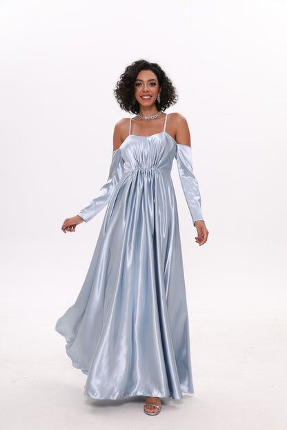 Sky-blue waist-cinched off-shoulder strap satin dress