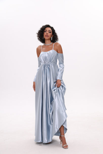 Sky-blue waist-cinched off-shoulder strap satin dress