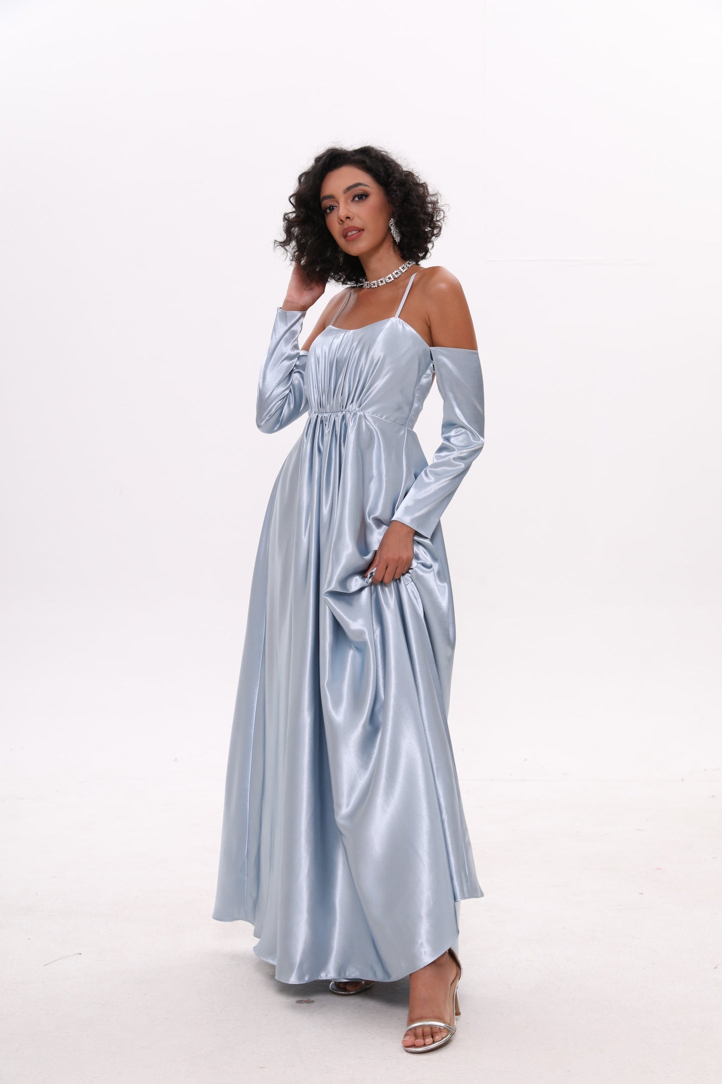 Sky-blue waist-cinched off-shoulder strap satin dress