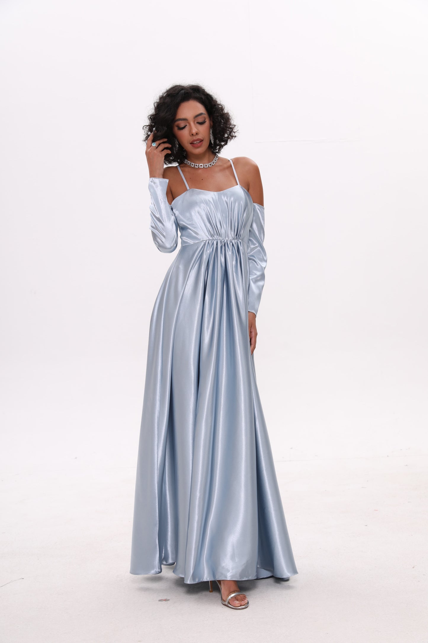 Sky-blue waist-cinched off-shoulder strap satin dress