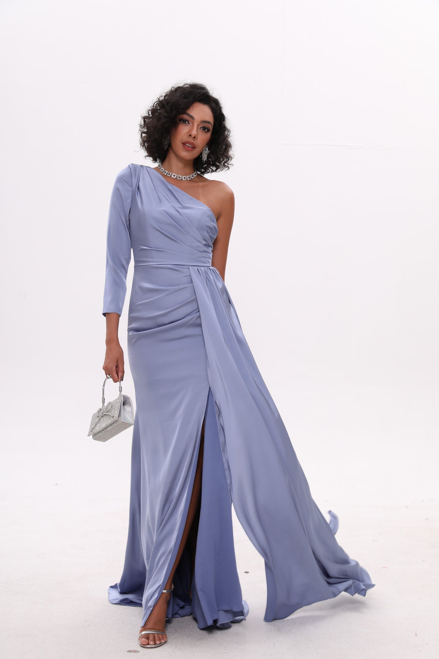 Sheath One-Shoulder Silk Like Satin Prom Dresses With Split