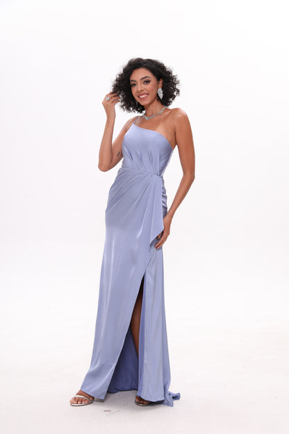 Soft Satin One Shoulder Side Slit Silky Long Mermaid Bridesmaid Dresses