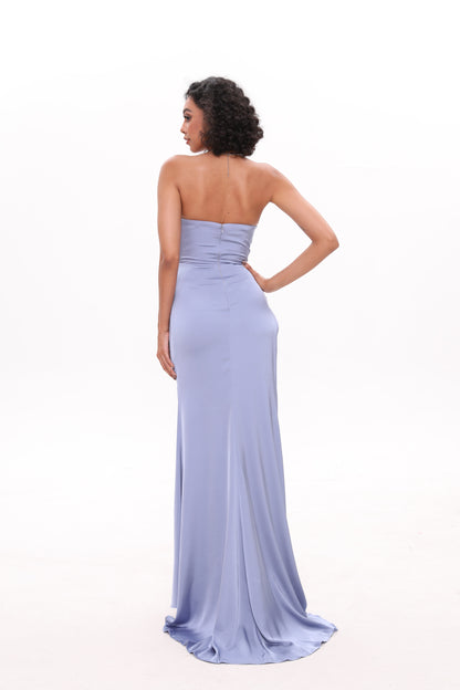 Pleated Sweep Train Sheath Gown With Slit Dusty Blue