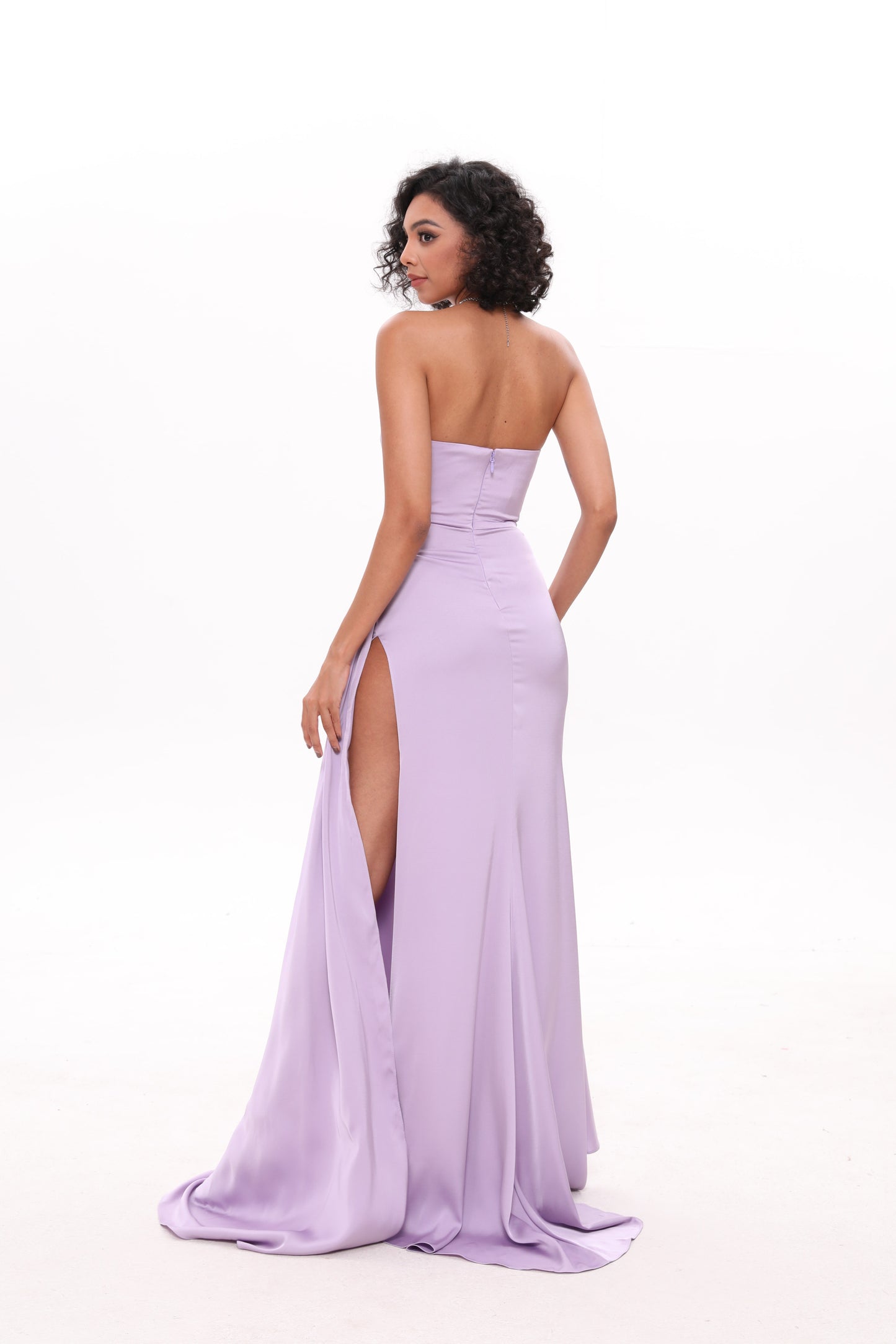 Sheath/Column Spaghetti Straps Long Formal Dresses With Split Side & Ruched