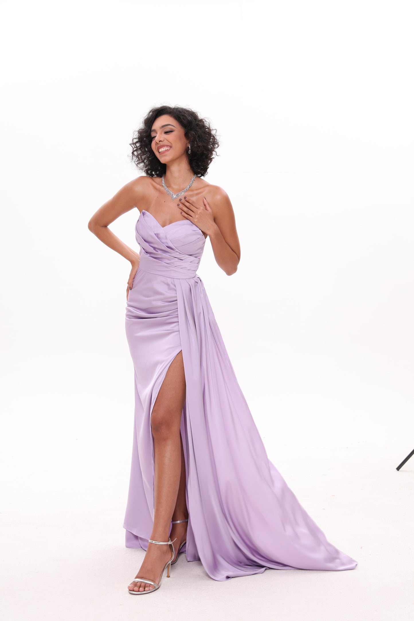 Sheath/Column Spaghetti Straps Long Formal Dresses With Split Side & Ruched