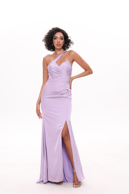 Sexy One Shoulder Soft Satin Side Slit Mermaid Long Bridesmaid Dresses