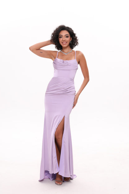 Long Cowl Neck Slit Dress