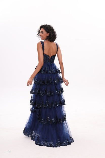 Dark Navy Ruffled Sequin Front Slit Prom Dress