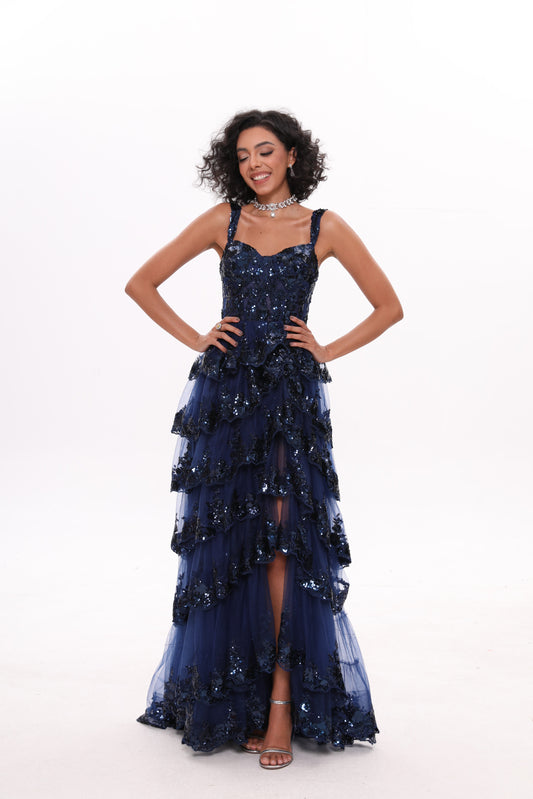 Dark Navy Ruffled Sequin Front Slit Prom Dress