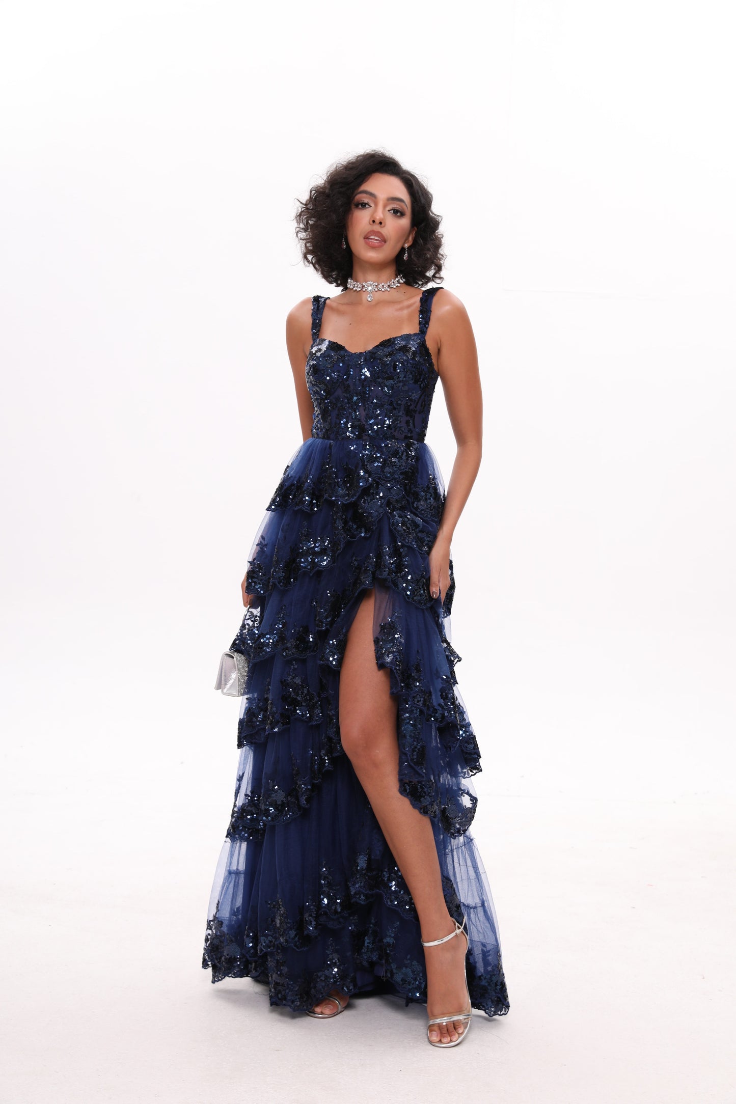 Dark Navy Ruffled Sequin Front Slit Prom Dress