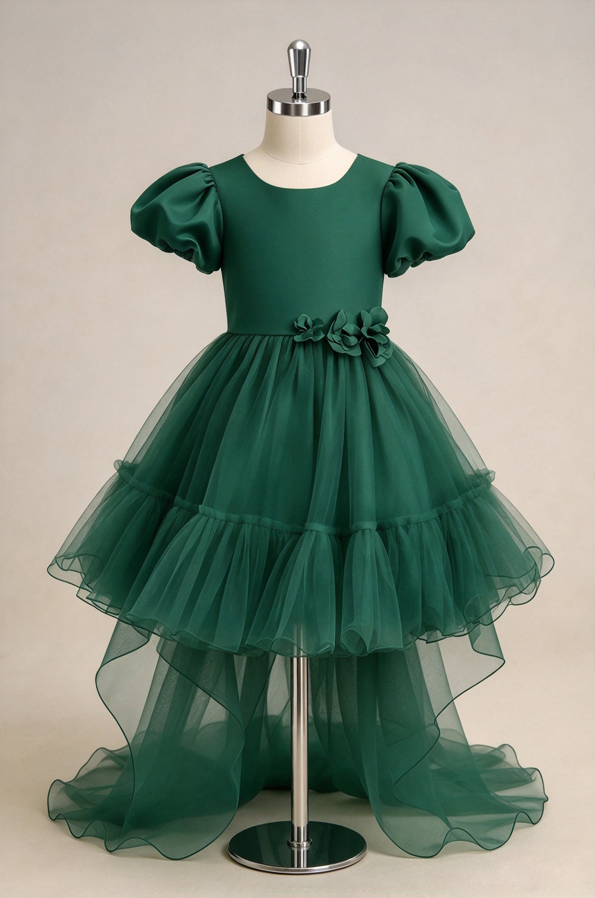 Dark Green Puff Sleeve Tiered Tulle Flower Girl Dress, 3D Floral Pageant Gown