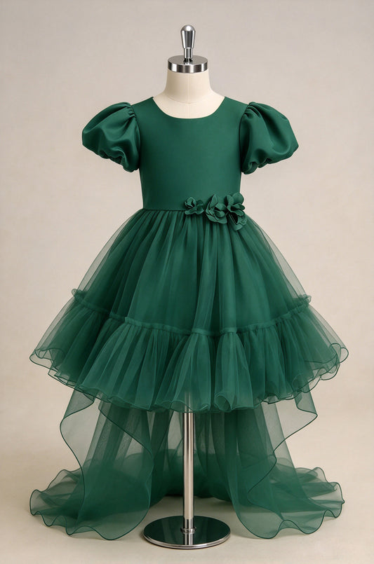 Dark Green Puff Sleeve Tiered Tulle Flower Girl Dress, 3D Floral Pageant Gown