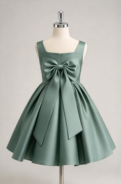 Sage Green Square Neck Satin Flower Girl Dress, Big Bow A-line Formal Party Gown