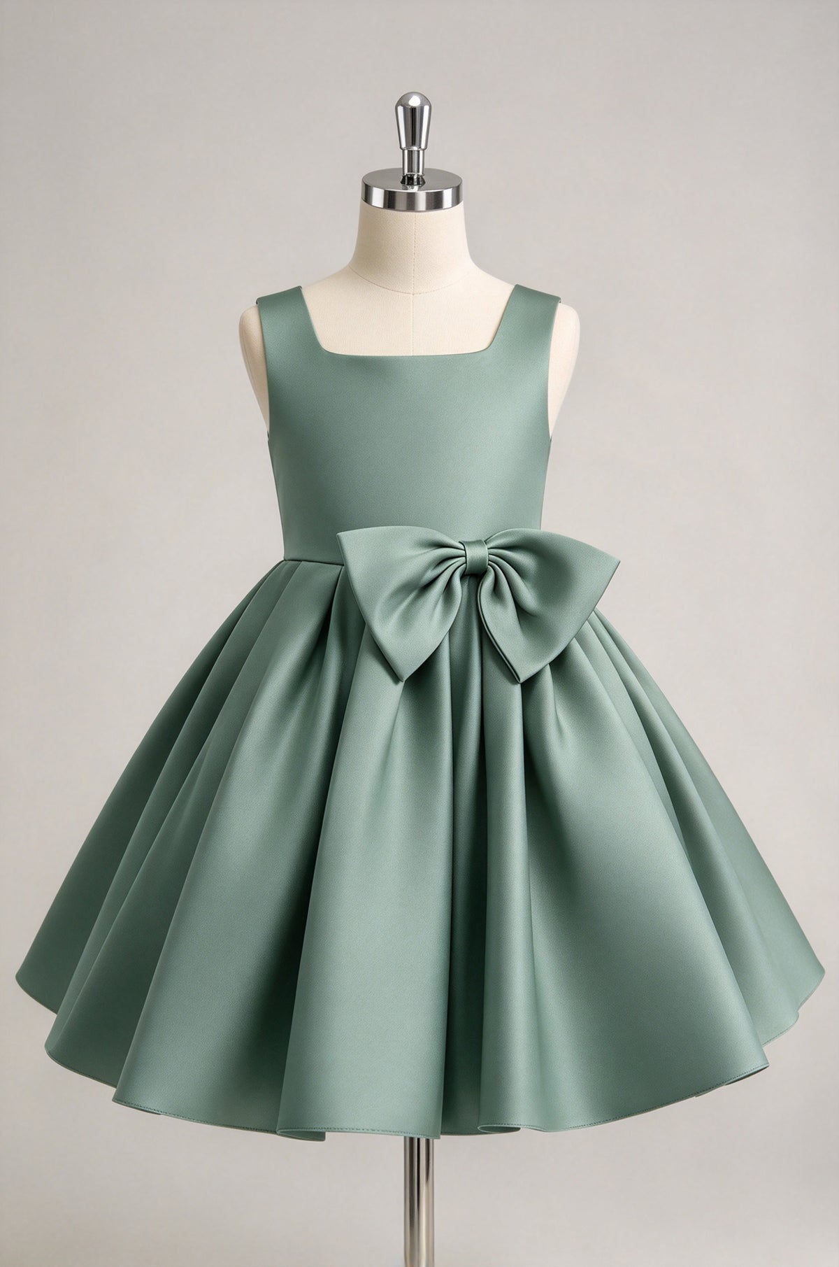 Sage Green Square Neck Satin Flower Girl Dress, Big Bow A-line Formal Party Gown
