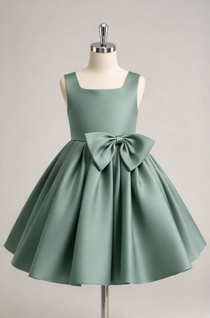 Sage Green Square Neck Satin Flower Girl Dress, Big Bow A-line Formal Party Gown