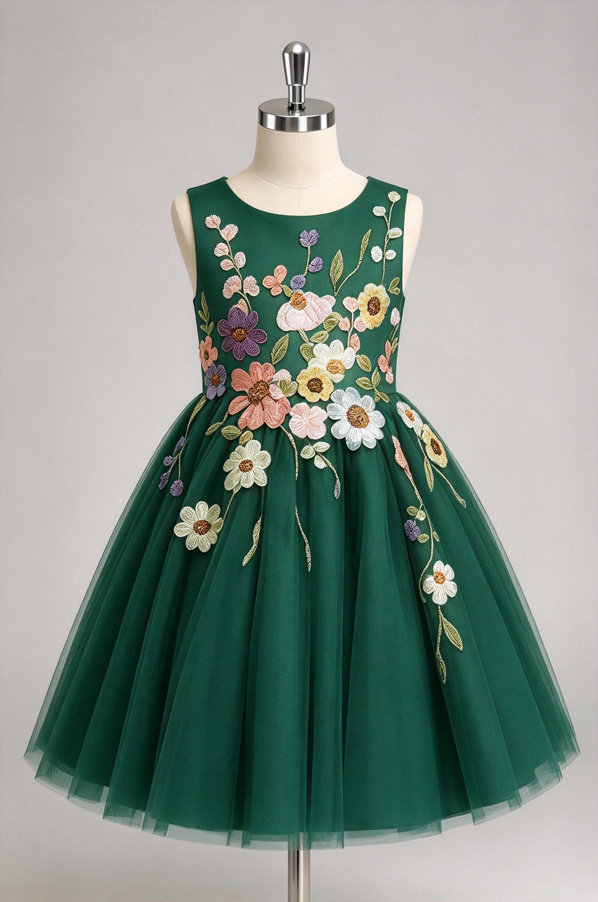 Dark Green Sleeveless Tulle Flower Girl Dress, Keyhole Back Bow Kids Formal Gown