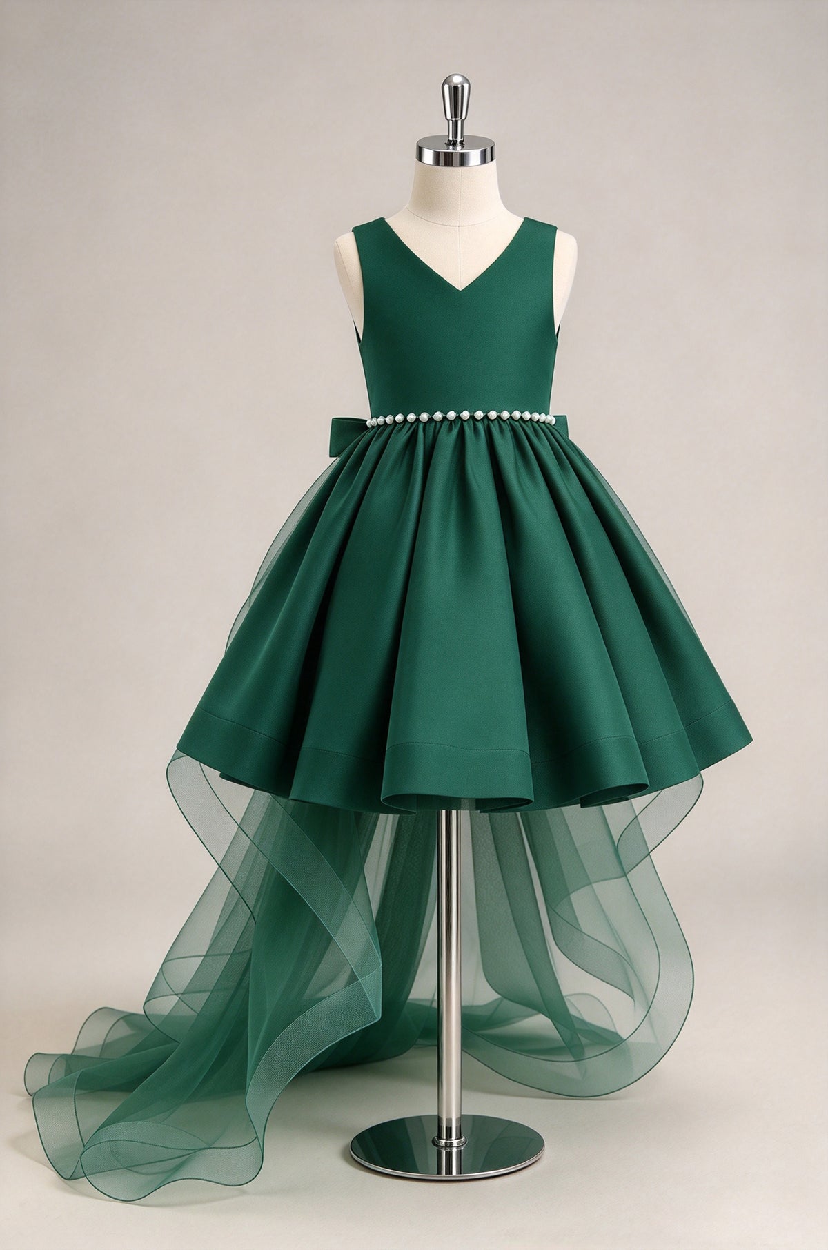 Dark Green V-neck Satin Flower Girl Dress, Pearl Waist High Low Tulle Train Pageant Gown