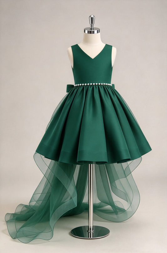 Dark Green V-neck Satin Flower Girl Dress, Pearl Waist High Low Tulle Train Pageant Gown