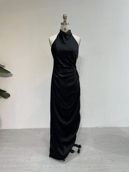 Black pleated satin halter neck fashion dress