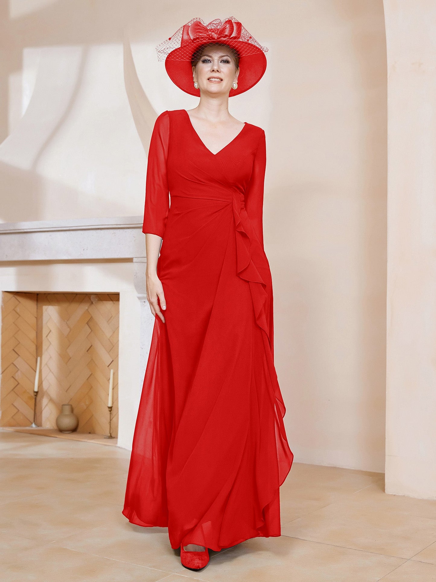 V-neck Ruffles Sheath Floor-Length Chiffon Dress