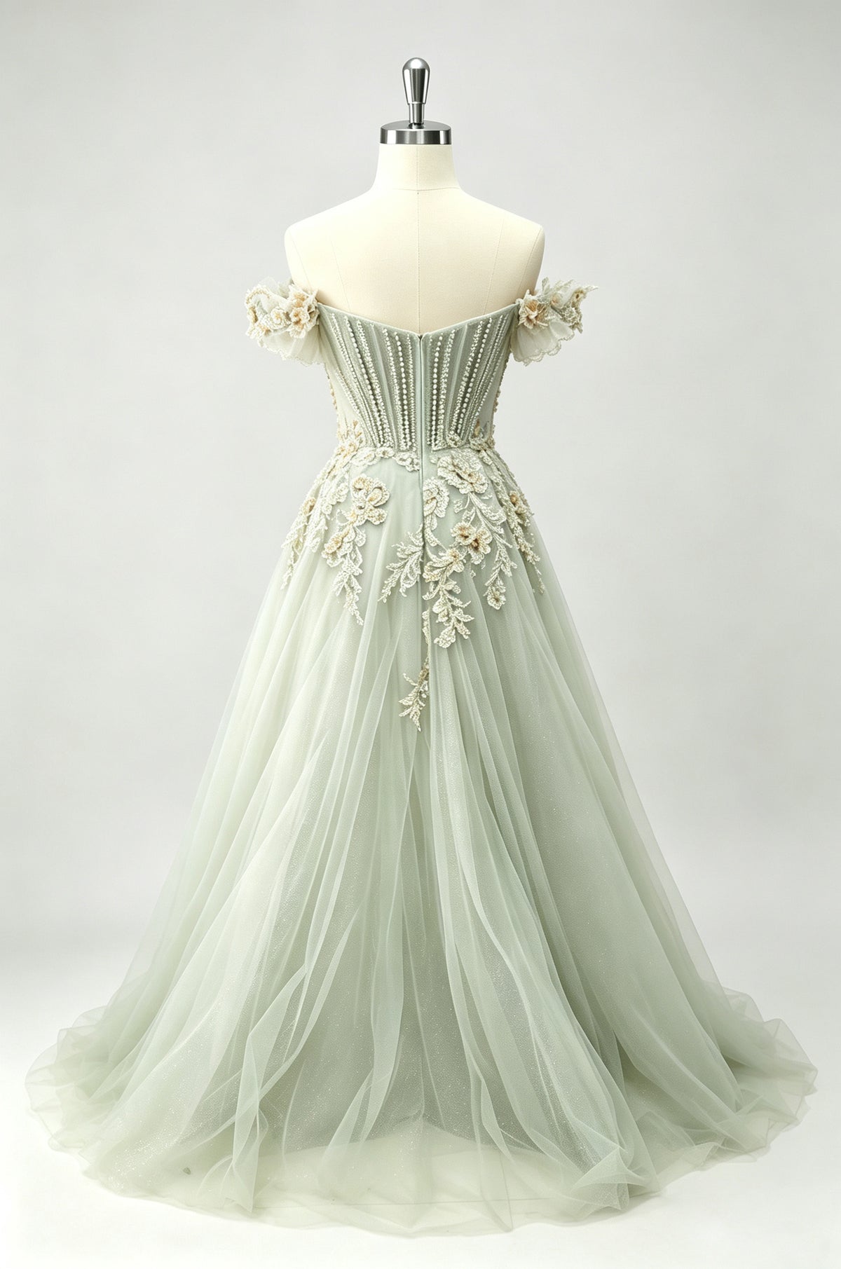 Sage Green Off-the-shoulder Evening Gown, 3D Floral Beaded Tulle Prom Dress