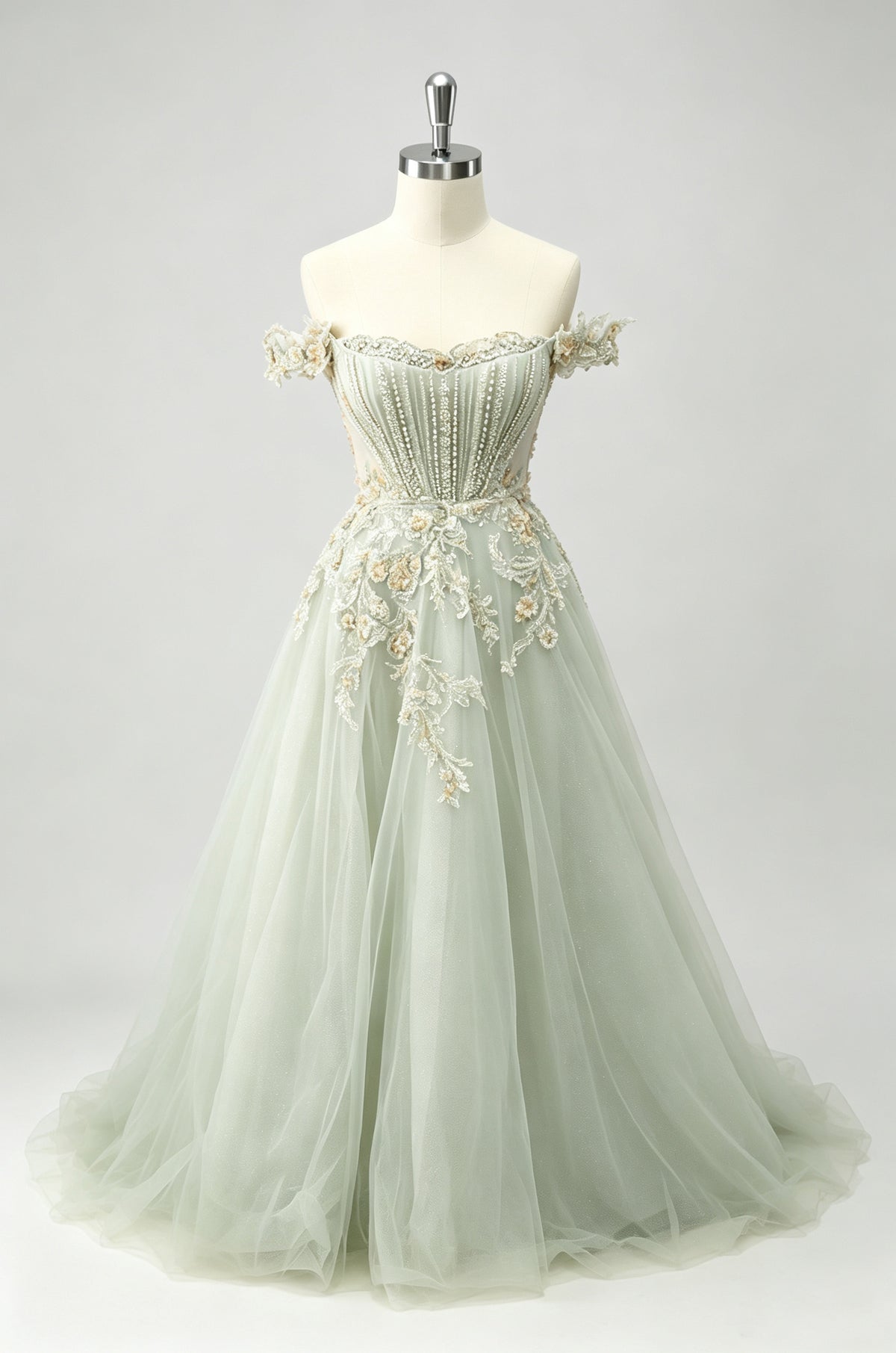 Sage Green Off-the-shoulder Evening Gown, 3D Floral Beaded Tulle Prom Dress