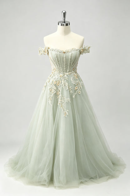Sage Green Off-the-shoulder Evening Gown, 3D Floral Beaded Tulle Prom Dress