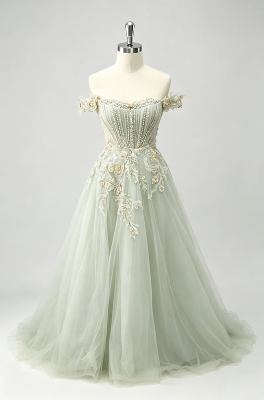 Sage Green Off-the-shoulder Evening Gown, 3D Floral Beaded Tulle Prom Dress