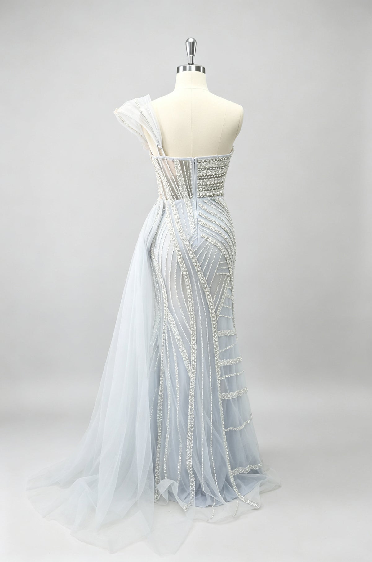 Light Blue Single Strap Beaded Mermaid Prom Dress, Draped Tulle Train Party Gown