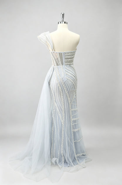 Light Blue Single Strap Beaded Mermaid Prom Dress, Draped Tulle Train Party Gown