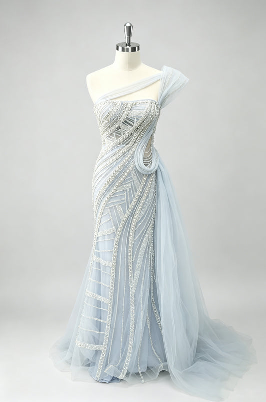 Light Blue Single Strap Beaded Mermaid Prom Dress, Draped Tulle Train Party Gown