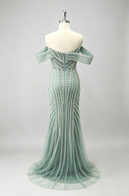 Dusty Green One Strap Beaded Mermaid Prom Dress, Sheer Tulle Train Party Gown