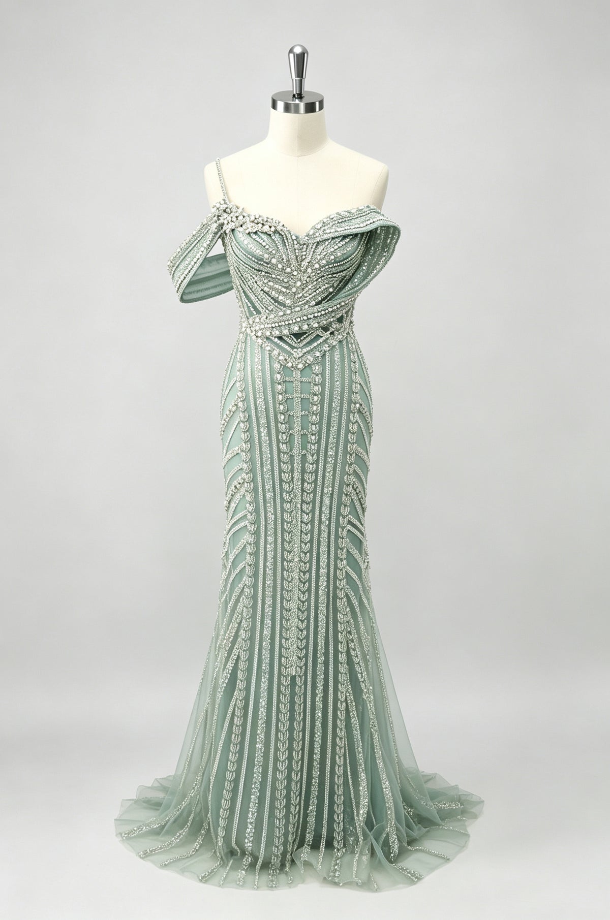 Dusty Green One Strap Beaded Mermaid Prom Dress, Sheer Tulle Train Party Gown