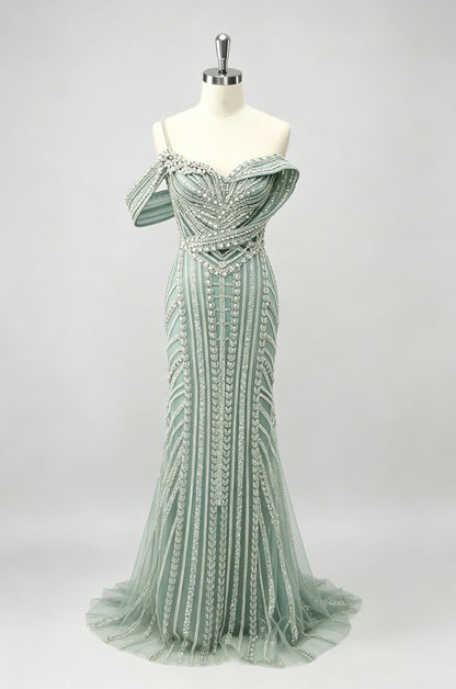 Dusty Green One Strap Beaded Mermaid Prom Dress, Sheer Tulle Train Party Gown