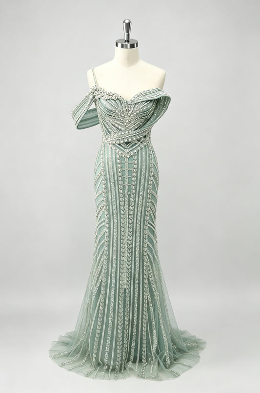Dusty Green One Strap Beaded Mermaid Prom Dress, Sheer Tulle Train Party Gown