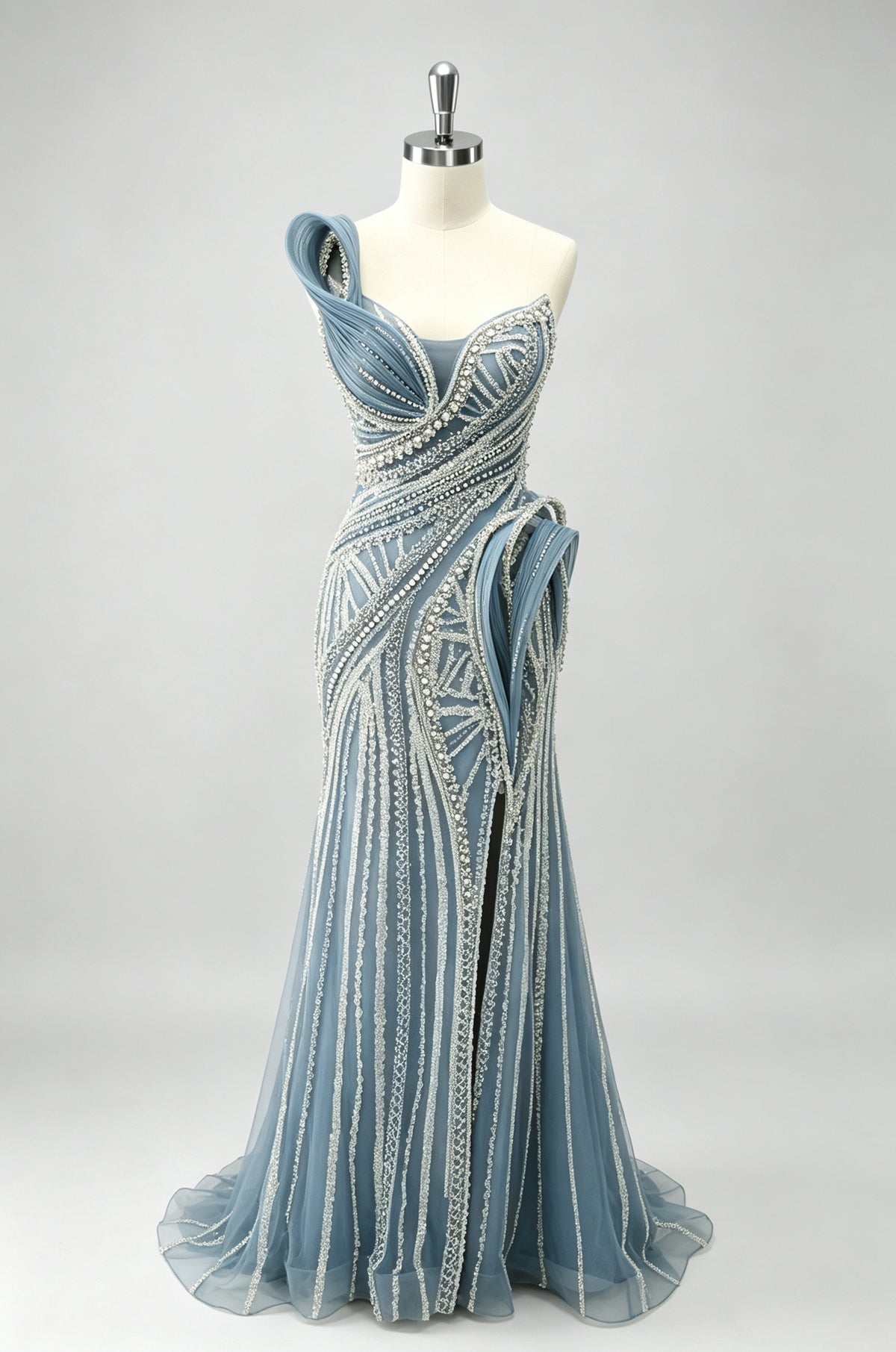 Grey Blue Asymmetrical Draped Beaded Mermaid Prom Dress, Sheer Tulle Train Party Gown