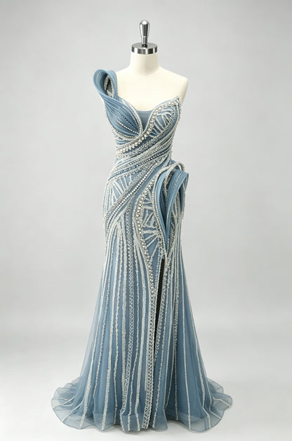 Grey Blue Asymmetrical Draped Beaded Mermaid Prom Dress, Sheer Tulle Train Party Gown