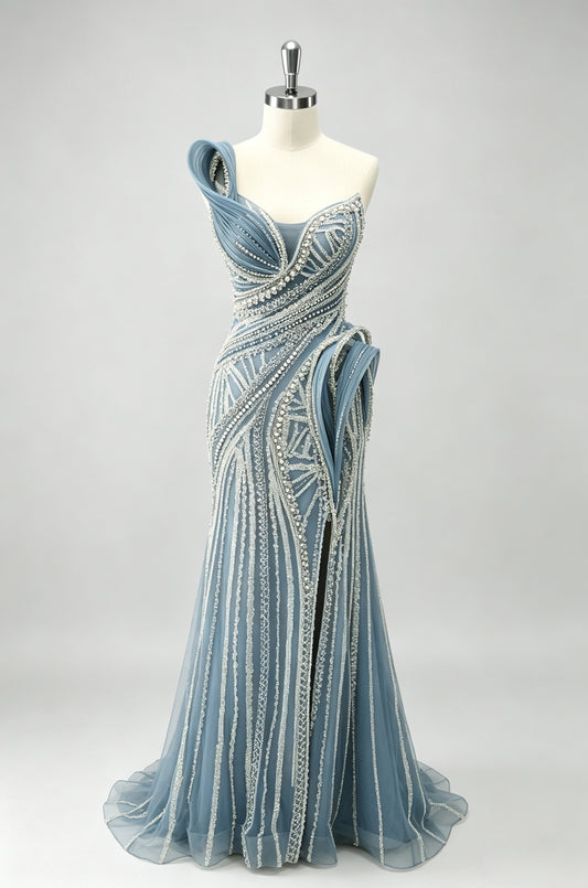 Grey Blue Asymmetrical Draped Beaded Mermaid Prom Dress, Sheer Tulle Train Party Gown
